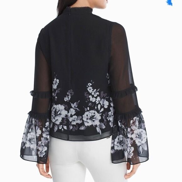 White House Black Market Black and White Floral Choker Blouse - Picture 2 of 9